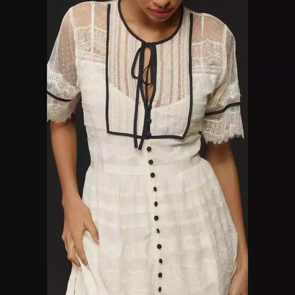 By Anthropologie Short Sleeve Button Front Lace Midi Dress Size 14 NWT - Picture 3 of 8